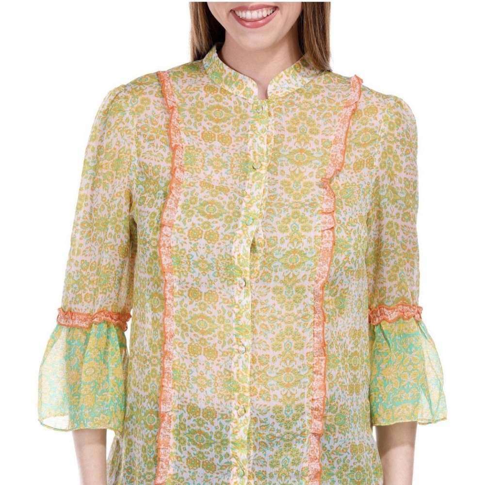 Alex & Lili Floral Sheer Lightweight Blouse Ruffle Sleeve Golden Fall XL